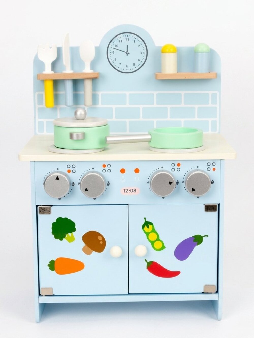Blue Wooden Play Kitchen Set for Kids, Montessori Pretend Cooking Toy - Picture 3 of 8